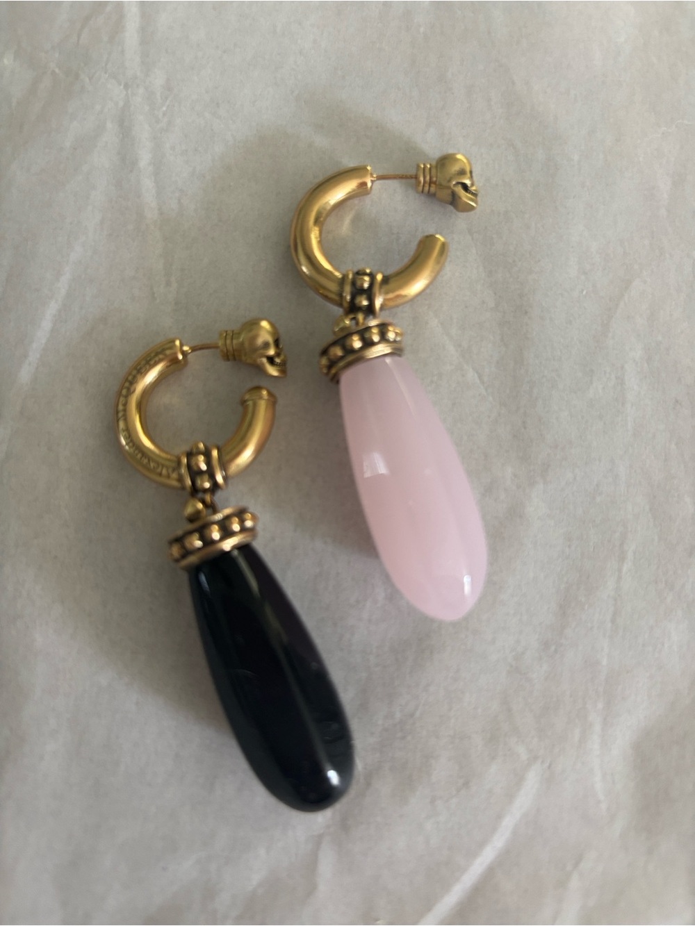 Alexander McQueen Gold Hoop Earrings with Pink and Black Teardrops - Picture 6 of 6